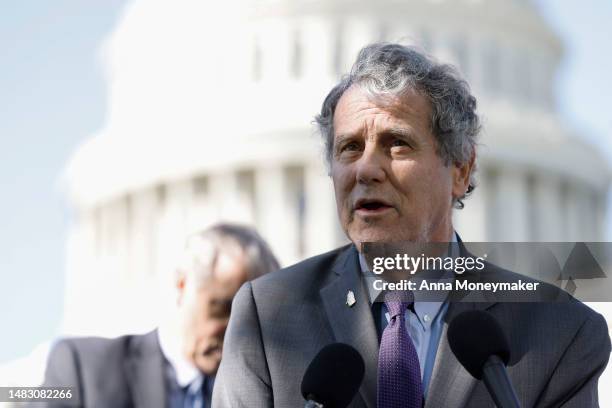 Sen. Sherrod Brown speaks at a press conference on the introduction of the Senate ETHICS Act outside of the U.S. Capitol Building on April 18, 2023...