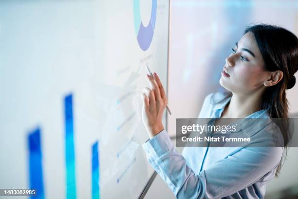 big data analysis helps businesses gain valuable insights into their operations. businesswoman preparing a project management presentation on graphical screens in a modern business office. - market intelligence imagens e fotografias de stock