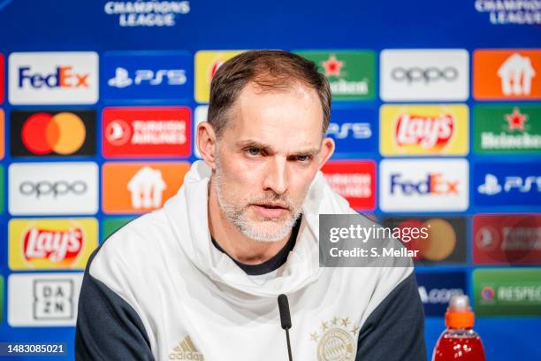 Head coach Thomas Tuchel of FC Bayern Muenchen attends the press conference ahead of their UEFA Champions League quarterfinal second leg match...