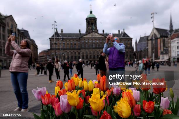 General view of the city centre tulips on Dam Square with the Royal Palace and the Nieuwe Kerk near the Red Light District, also called "De wallen"...