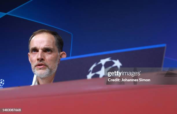 Thomas Tuchel, head coach of Bayern addresses the media during a press conference ahead of the UEFA Champions League quarterfinal second leg match FC...