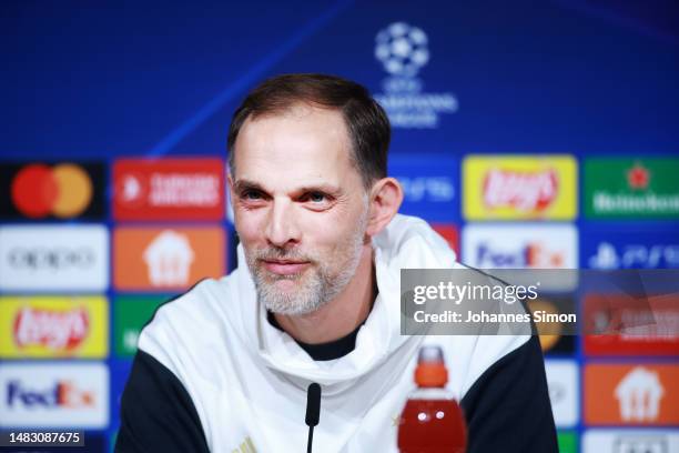 Thomas Tuchel, head coach of Bayern addresses the media during a press conference ahead of the UEFA Champions League quarterfinal second leg match FC...