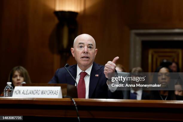 Secretary of Homeland Security Alejandro Mayorkas speaks during a hearing with the Senate Homeland Security Committee in the Dirksen Senate Office...