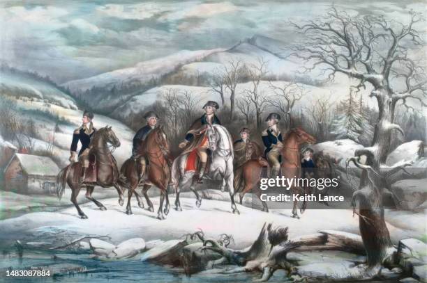 george washington and staff at valley forge - valley forge pa stock illustrations