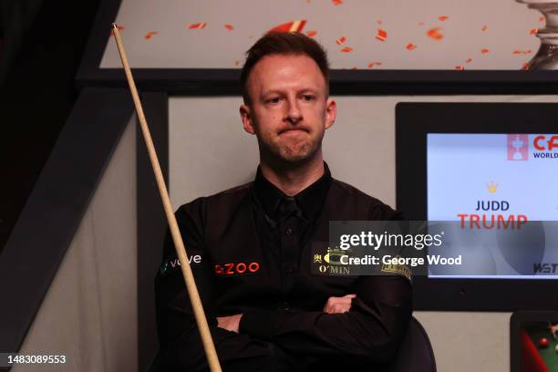 Judd Trump of England reacts during their round one match against Anthony McGill of Scotland on Day Four of the Cazoo World Snooker Championship 2023...