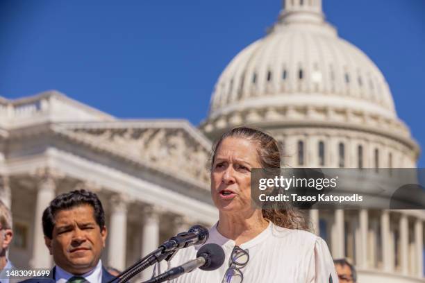 Abigail Disney, filmmaker and Patriotic Millionaire speaks during a press conference outside the US Capitol on April 18, 2023 in Washington, DC.