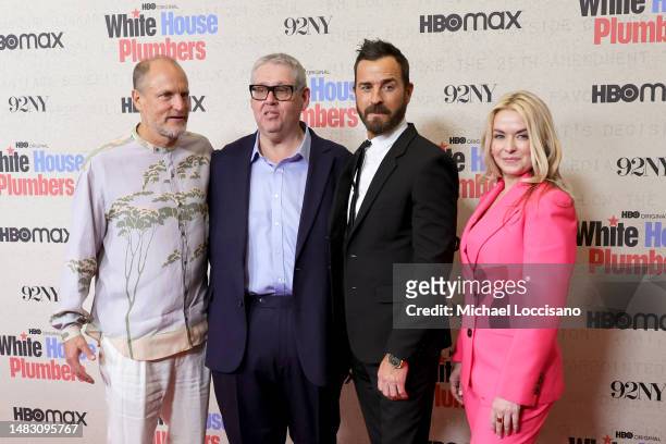 Woody Harrelson, David Mandel, Justin Theroux and Kathleen McCaffrey attend HBO's "White House Plumbers" New York Premiere at 92nd Street Y on April...