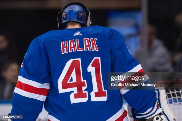 Jaroslav Halak of the New York Rangers skates during the third period in a game against the Toronto Maple Leafs at Madison Square Garden on April 13,...