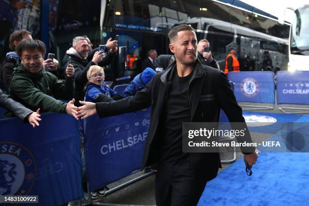 Eden Hazard of Real Madrid arrives prior to the UEFA Champions League quarterfinal second leg match between Chelsea FC and Real Madrid at Stamford...