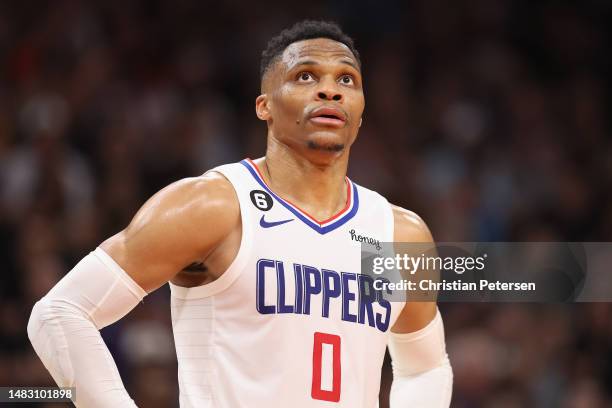 Russell Westbrook of the LA Clippers during Game One of the Western Conference First Round Playoffs at Footprint Center on April 16, 2023 in Phoenix,...