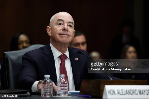 Secretary of Homeland Security Alejandro Mayorkas speaks during a hearing with the Senate Homeland Security Committee in the Dirksen Senate Office...