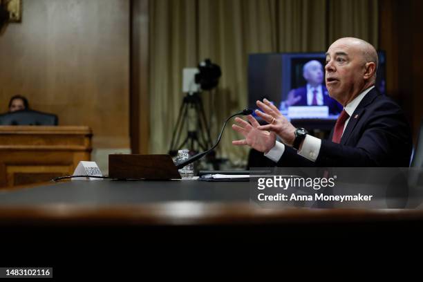 Secretary of Homeland Security Alejandro Mayorkas speaks during a hearing with the Senate Homeland Security Committee in the Dirksen Senate Office...
