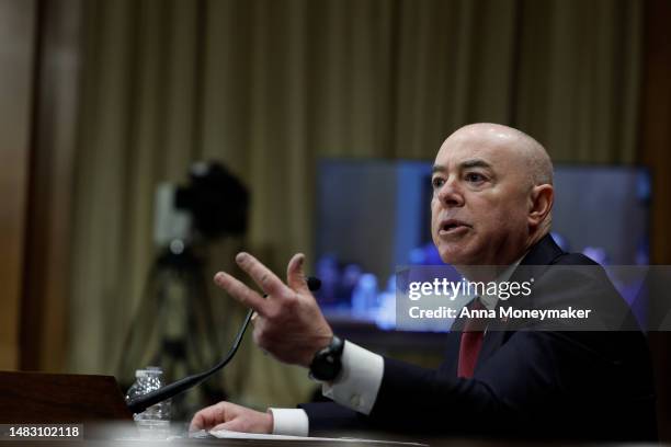 Secretary of Homeland Security Alejandro Mayorkas speaks during a hearing with the Senate Homeland Security Committee in the Dirksen Senate Office...