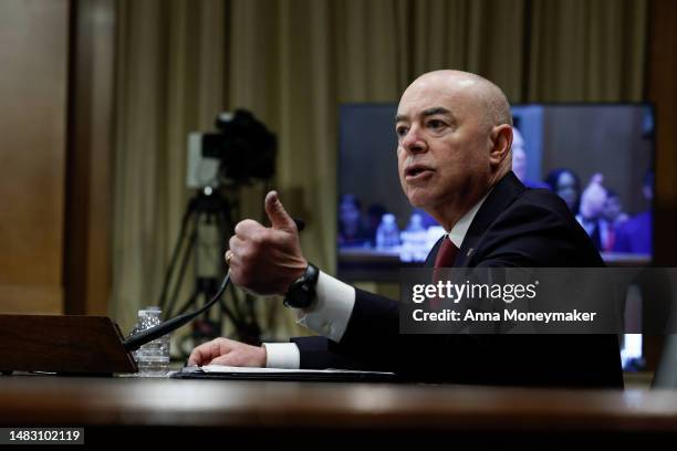 Secretary of Homeland Security Alejandro Mayorkas speaks during a hearing with the Senate Homeland Security Committee in the Dirksen Senate Office...