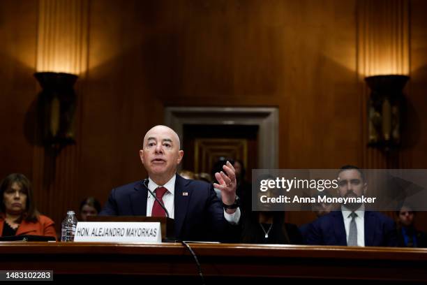 Secretary of Homeland Security Alejandro Mayorkas speaks during a hearing with the Senate Homeland Security Committee in the Dirksen Senate Office...