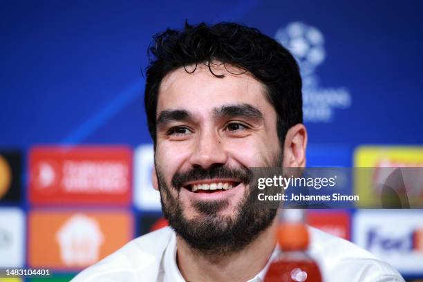 Ilkay Gundogan of Manchester City addresses the media during a press conference ahead of the UEFA Champions League quarterfinal second leg match FC...