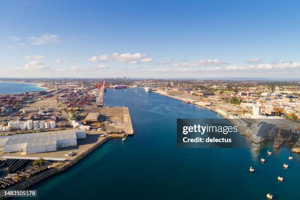 aerial view port entrance fremantle port. perth, western australia, australia - fremantle stock pictures, royalty-free photos & images