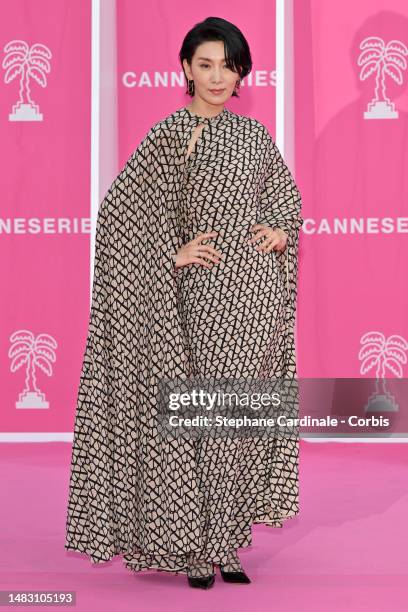 Seo-hyung Kim poses on the pink carpet during the 6th Canneseries International Festival : Day Five on April 18, 2023 in Cannes, France.