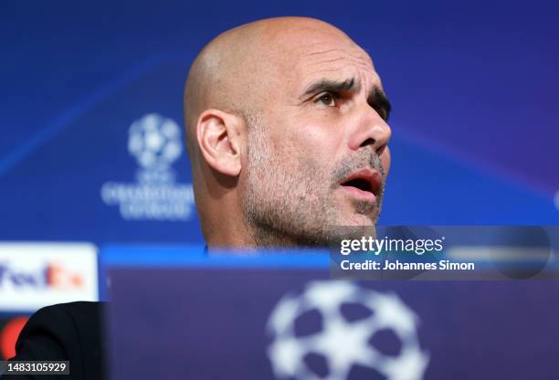 Pep Guardiola, head coach of Manchester City addresses the media during a press conference ahead of the UEFA Champions League quarterfinal second leg...