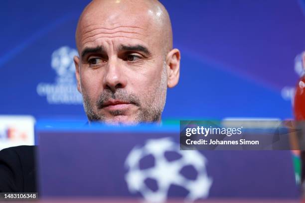 Pep Guardiola, head coach of Manchester City addresses the media during a press conference ahead of the UEFA Champions League quarterfinal second leg...