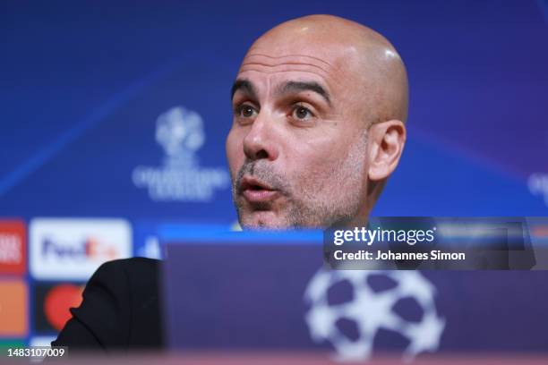 Pep Guardiola, head coach of Manchester City addresses the media during a press conference ahead of the UEFA Champions League quarterfinal second leg...