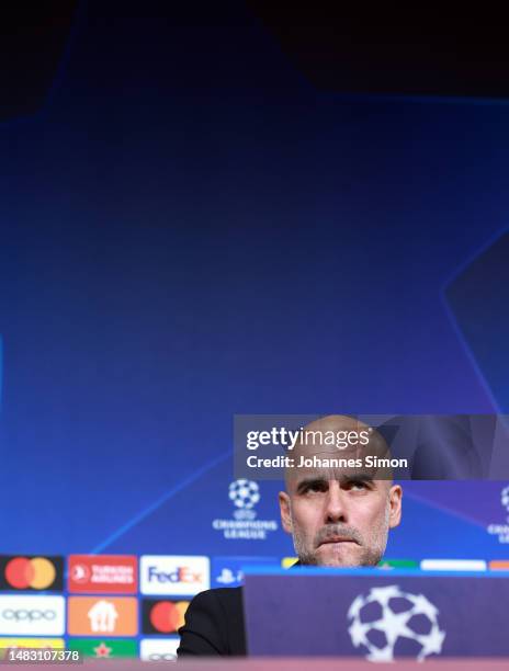 Pep Guardiola, head coach of Manchester City addresses the media during a press conference ahead of the UEFA Champions League quarterfinal second leg...