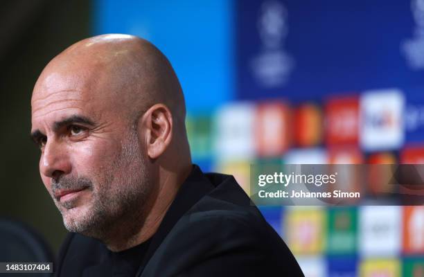 Pep Guardiola, head coach of Manchester City addresses the media during a press conference ahead of the UEFA Champions League quarterfinal second leg...