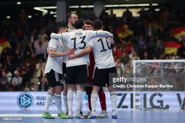 Muhammet Soezer of Germany celebrates after scoring his team’s fourth goal during the FIFA Futsal World Championship Playoff Second Leg match between...