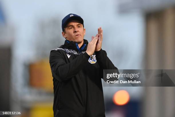 Joey Barton, Manager of Bristol Rovers, applauds their fans prior to the Sky Bet League One match between Bristol Rovers and Sheffield Wednesday at...