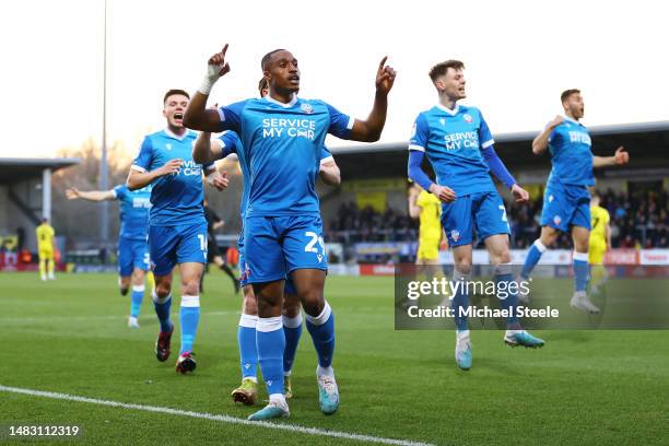 Victor Adeboyejo of Bolton Wanderers celebrates after scoring the team's first goal during the Sky Bet League One match between Burton Albion and...