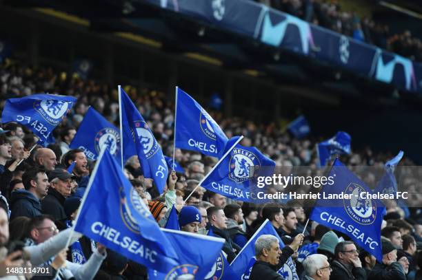 Fans of Chelsea wave flags prior to the UEFA Champions League quarterfinal second leg match between Chelsea FC and Real Madrid at Stamford Bridge on...