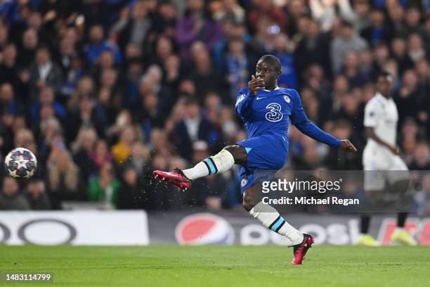 Ngolo Kante of Chelsea shoots during the UEFA Champions League quarterfinal second leg match between Chelsea FC and Real Madrid at Stamford Bridge on...