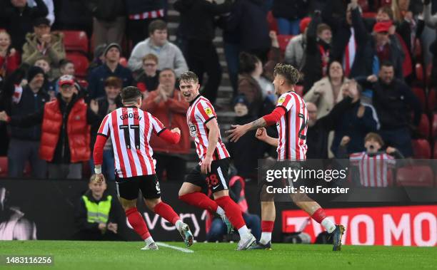 Joe Gelhardt of Sunderland celebrates with team mates after scoring the opening goal during the Sky Bet Championship between Sunderland and...