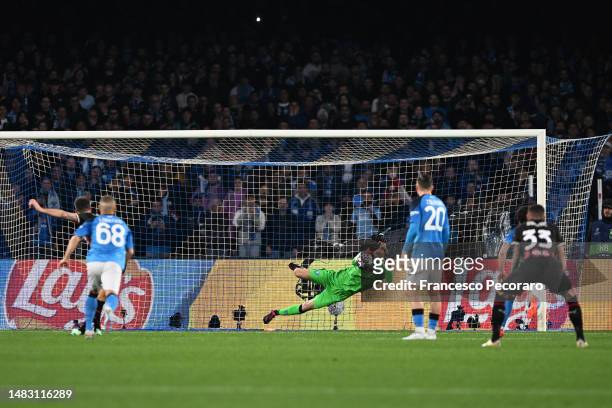 Alex Meret of SSC Napoli saves the penalty kick from Olivier Giroud of AC Milan during the UEFA Champions League Quarterfinal Second Leg match...