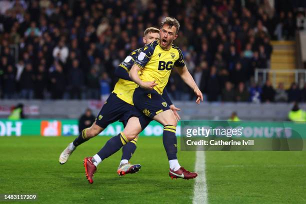 Sam Long of Oxford United celebrates after scoring the team's first goal during the Sky Bet League One match between Oxford United and Portsmouth at...