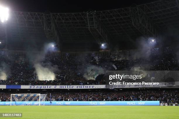 General view of the inside of the stadium as fans of SSC Napoli use Smoke Flares prior to the UEFA Champions League Quarterfinal Second Leg match...