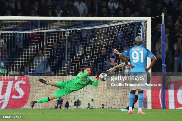 Alex Meret of SSC Napoli saves the penalty kick from Olivier Giroud of AC Milan during the UEFA Champions League Quarterfinal Second Leg match...