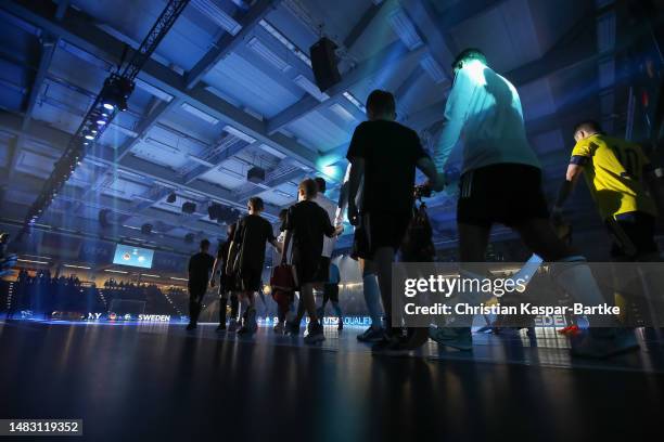 Teams enter the pitch prior to the FIFA Futsal World Championship Playoff Second Leg match between Germany and Sweden at EWS - Arena on April 18,...