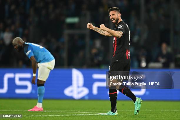 Olivier Giroud of AC Milan celebrates after scoring the team's first goal during the UEFA Champions League Quarterfinal Second Leg match between SSC...