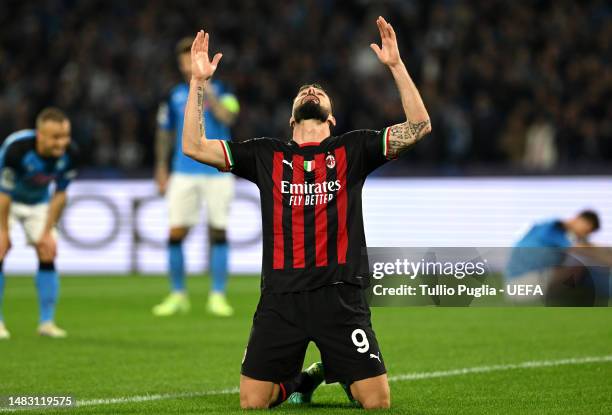 Olivier Giroud of AC Milan celebrates after scoring the team's first goal during the UEFA Champions League Quarterfinal Second Leg match between SSC...