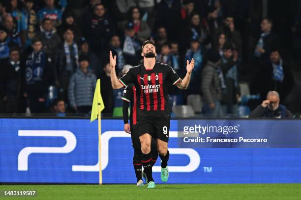 Olivier Giroud of AC Milan celebrates after scoring the team's first goal during the UEFA Champions League Quarterfinal Second Leg match between SSC...
