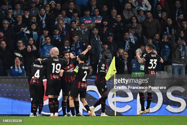 Olivier Giroud of AC Milan celebrates after scoring the team's first goal with teammates during the UEFA Champions League Quarterfinal Second Leg...