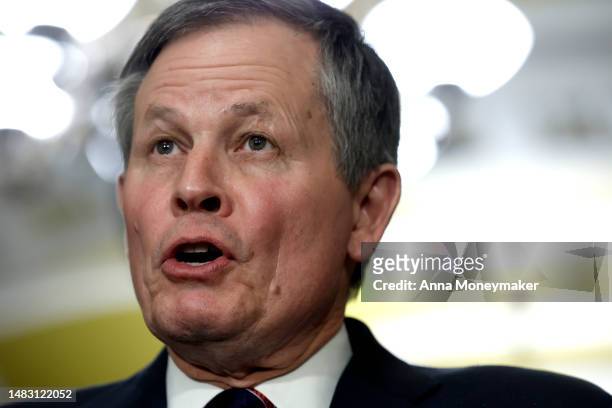 Sen. Steve Daines speaks during a news conference following the Senate Republican weekly policy luncheons at the U.S. Capitol Building on April 18,...