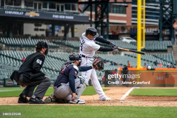 Miguel Cabrera of the Detroit Tigers at bat in the seventh inning against the Cleveland Guardians in game one of a double header at Comerica Park on...