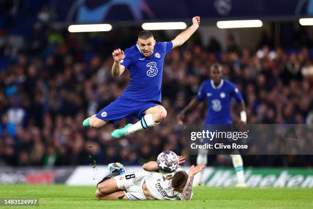 Mateo Kovacic of Chelsea is challenged by Toni Kroos of Real Madrid during the UEFA Champions League quarterfinal second leg match between Chelsea FC...