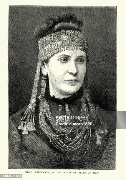 sophia schliemann trägt die parure der helena von troja, priamos' schatz - headdress stock-grafiken, -clipart, -cartoons und -symbole