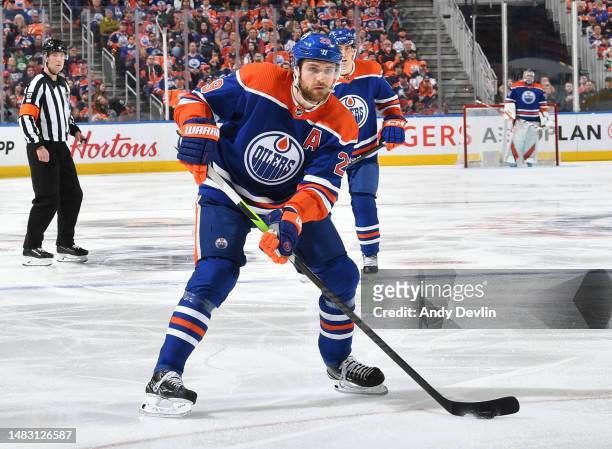 Leon Draisaitl of the Edmonton Oilers skates in Game One of the First Round of the Stanley Cup Playoffs against the Los Angeles Kings at Rogers Place...