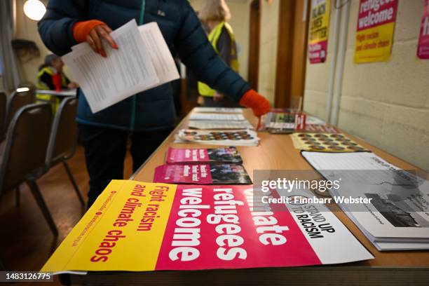 Refugees are welcome posters are seen at the Stand Up To Racism Dorset public meeting, held to discuss the refugee barge due to moor at the port, on...