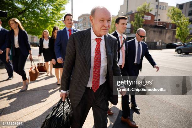 Members of the Fox News legal team, including lawyer Dan Webb , leave the Leonard Williams Justice Center after settling a lawsuit with Dominion...