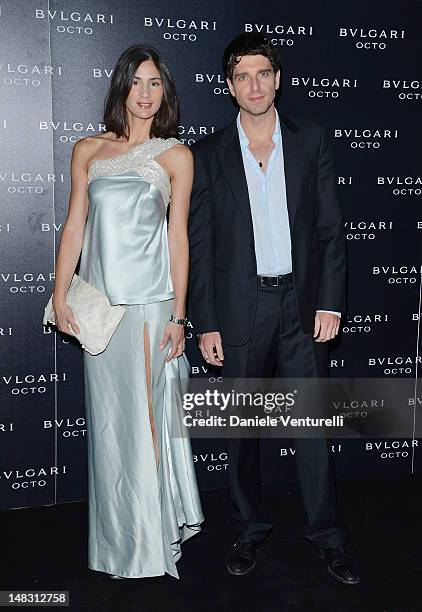 Gloria Bellicchi and Giampaolo Morelli attend the "OCTO The New Architecture of Time by Bulgari" event at the Stadio dei Marmi on July 13, 2012 in...